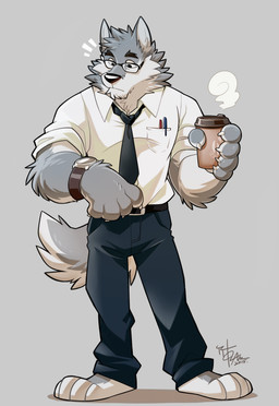 4_toes 5_fingers accessory anthro barefoot belt beverage big_muscles biped black_eyes black_nose bottomwear claws clock clothed clothing coffee container countershading cup disposable_cup eyewear feet fingers fluffy front_view fully_clothed fur glasses grey_background grey_body grey_fur holding_object male multicolored_body multicolored_fur muscular muscular_anthro muscular_male necktie pants shirt simple_background solo standing toes topwear two_tone_body two_tone_fur watch white_body white_fur takemoto_arashi mr._wolf_(takemoto_arashi) canid canine canis mammal wolf 2015 absurd_res digital_media_(artwork) hi_res