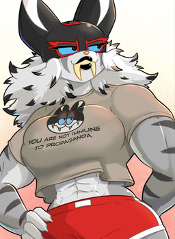 abs anthro athletic athletic_female big_breasts black_body black_fur black_lipstick blue_eyes bottomwear bra_lines breasts clothed clothing fangs female fully_clothed fur hand_on_hip lipstick looking_aside makeup mask midriff multicolored_body multicolored_fur muscular muscular_anthro muscular_female shirt shorts smile solo striped_body striped_fur stripes t-shirt teeth text text_on_t-shirt topwear two_tone_body two_tone_fur wearing_mask white_body white_fur roboticsteve you_are_not_immune_to_propaganda saber_(roboticsteve) felid mammal prehistoric_species saber-toothed_tiger 2026 absurd_res english_text hi_res meme