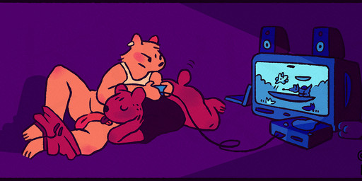 ambiguous_gender anthro bottle bottomwear bottomwear_around_legs casual_sex clothing clothing_around_legs console container distracted distracted_sex duo electronics enjoying eyes_closed fellatio gaming genitals licking lying on_front on_side oral pants pants_around_legs penile penis penis_lick platformer sex speaker tail tail_motion tailwag television tongue kinkykikker 2024 adversarial_noise