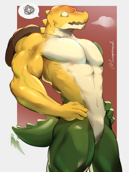 annoyed anthro biceps breath candy clothing cowboy_hat cross-popping_vein dessert empty_eyes featureless_crotch food green_body hands_on_hips hat hat_only headgear headgear_only headwear headwear_only male mostly_nude muscular muscular_anthro muscular_arms muscular_male navel obliques open_mouth pesc solo speech_bubble standing tail tail_ridge white_body white_eyes yellow_body scrumptiouscoal glitch_productions the_amazing_digital_circus gummigoo_(tadc) crocodile crocodilian food_creature living_candy reptile scalie 2026 3:4 digital_media_(artwork) hi_res portrait signature three-quarter_portrait