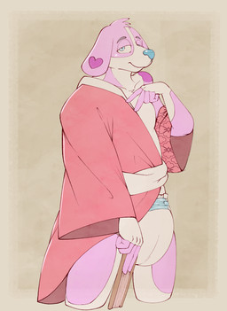 anthro asian_clothing clean_diaper clothing diaper east_asian_clothing japanese_clothing kimono looking_at_viewer male paper_fan pink_body side_view smile smiling_at_viewer solo steelshark canid canine canis domestic_dog mammal hi_res