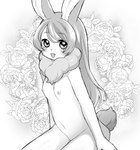 anthro blush female flat_chested flower fur hair kemono looking_at_viewer navel neck_tuft nipples nude open_mouth open_smile plant scut_tail short_tail sitting smile solo tail tuft dangan haruki_no_saidai_no_teki_wa_risei kasumi_yumeura lagomorph leporid mammal rabbit monochrome