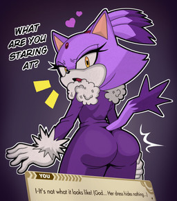 ambiguous_gender anthro big_butt butt clothing dialogue dress female forehead_gem fur gem glare glaring_at_viewer gloves hair handwear heart_symbol looking_at_viewer offscreen_character orange_eyes ponytail purple_body purple_fur solo tail text tight_clothing white_body white_fur sirsmolnsfw sega sonic_the_hedgehog_(series) the_murder_of_sonic_the_hedgehog blaze_the_cat domestic_cat felid feline felis mammal english_text hi_res