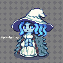 4_arms blue_body blue_eyes blue_hair blue_skin cape clothing dress female grey_background hair hands_together hat headgear headwear multi_arm multi_limb pattern_background simple_background solo teal_cape teal_clothing text white_clothing white_dress white_hat white_headwear witch_hat pixelgodoy elden_ring fromsoftware ranni_the_witch demigod humanoid 1:1 artist_name colored digital_media_(artwork) hi_res pixel_(artwork) shaded url watermark
