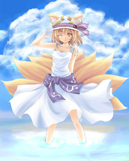 9_tails blonde_hair blue_sky clothed clothed_female clothed_humanoid clothing cloud dress female furgonomic_hat furgonomic_headwear furgonomics hair multi_tail one_eye_closed outside partially_submerged sky solo standing sundress tail water white_clothing white_dress yellow_tail tateha touhou ran_yakumo animal_humanoid canid canid_humanoid canine canine_humanoid fox_humanoid humanoid mammal mammal_humanoid 2004 archived_source unavailable_at_source