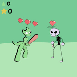 dagger duo gameplay gameplay_mechanics heart_symbol horn male melee_weapon nude public public_nudity simple_background sword upvote weapon bunbuun skeletonkid5 humanoid reptile scalie hi_res