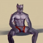 anthro biceps big_muscles biped clothed clothing male muscular muscular_anthro muscular_male nipples sitting solo topless underwear ainro canid canine canis mammal wolf 1:1