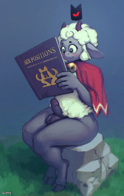 anthro balls bell book erection foreskin genitals horn humanoid_genitalia humanoid_penis male penis reading reading_book simple_background sitting smile solo thick_thighs tussamag cult_of_the_lamb massive_monster_(studio) lamb_(cult_of_the_lamb) red_crown_(cult_of_the_lamb) bovid caprine mammal sheep absurd_res hi_res