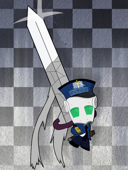accessory anthro big_sword checkered checkered_background clothing male melee_weapon mouthless necktie pattern_background police police_uniform scabbard simple_background solo sword text uniform weapon kemotobi ambiguous_species 2012 3:4 hi_res japanese_text