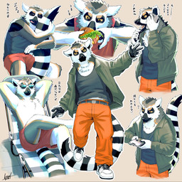 anthro black_body black_clothing black_fur black_shirt black_tank_top black_topwear bottomwear burger clothed clothing electronics eyewear food footwear fur fur_markings jacket looking_at_viewer male markings multicolored_body multicolored_fur orange_body orange_fur pants phone phone_call shirt shoes shorts simple_background sitting solo sunglasses tank_top text topwear white_body white_fur yellow_sclera knoll-noru lemur mammal primate ring-tailed_lemur strepsirrhine 1:1 2026 hi_res japanese_text