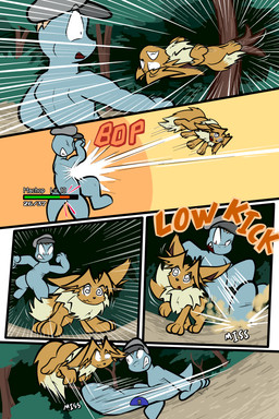 4_fingers 5_panel_comic ambiguous_gender attack biped black_nose blue_body branch brown_body brown_fur brown_hair clenched_teeth clothing dizzy dizzy_eyes dodging duo eye_through_hair eyes_closed feral fight fingers fluffy fluffy_tail forest fur gameplay_mechanics gui hair hat headgear headwear health_bar jumping kick looking_at_another motion_lines neck_tuft open_mouth outside page_number paws plant quadruped shrub sound_effects standing tail teeth text toony translucent translucent_hair tree tuft wearing_hat white_text virmir nintendo pokemon pokemon_mystery_dungeon spike_chunsoft virmir_(character) eevee generation_1_pokemon humanoid machop pokemon_(species) 2025 2:3 absurd_res comic digital_media_(artwork) english_text hi_res male_(lore)