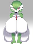 all_fours big_breasts blush breasts curvy_figure eyelashes featureless_breasts female gluteal_fold gradient_background green_hair grey_background hair huge_breasts kneeling looking_at_viewer not_furry nude outline red_eyes simple_background smile solo thick_thighs voluptuous white_body white_outline wide_hips duskyer nintendo pokemon gardevoir generation_3_pokemon humanoid pokemon_(species) 3:4 absurd_res full-length_portrait hi_res portrait