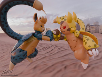 anthro carapace duo red_eyes sand stinger stinger_tail tail text wings hiddenmask18 hiddenmask18_(modeler) nintendo pokemon fan_character chespin generation_6_pokemon generation_9_pokemon pawmot pokemon_(species) 3d_(artwork) 4:3 blender_(artwork) digital_media_(artwork) url