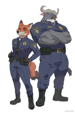 2_horns anthro belt black_body black_boots black_claws black_clothing black_footwear black_fur black_pawpads black_tail_tip blue_bottomwear blue_clothing blue_pants blue_shirt blue_topwear boots bottomwear claws clothing crossed_arms dipstick_tail duo finger_claws fluffy fluffy_tail footwear forearm_muscles fur green_eyes grey_body grey_fur holster horn inner_ear_fluff looking_at_viewer male markings notched_ear orange_body orange_fur pants pawpads police police_badge police_officer red_eyes shirt shoes simple_background standing tail tail_markings tail_tuft text topwear tuft utility_belt vein veiny_muscles white_background white_body white_fur raccoon21 disney zootopia chief_bogo nick_wilde bovid bovine canid canine cape_buffalo fox mammal red_fox true_fox 2025 2:3 absurd_res artist_name hi_res
