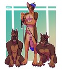 anthro bdsm collar dominant dominant_male gold_(metal) group holding_leash holding_object leash male male/male muzzle_(object) muzzled piercing submissive submissive_male trio seraphictiger fane_kobalt canid canine canis dobermann domestic_dog german_shepherd herding_dog mammal pastoral_dog pinscher hi_res