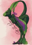 anthro arched_back areola ass_up bottomless breasts claws clothed clothing eyes_closed feathers female green_body hands_on_knees hands_on_legs medium_breasts nipples non-mammal_breasts non-mammal_nipples pink_background purple_areola raised_tail sickle_claw simple_background smile solo standing swimwear tail toe_claws pitta_the_italian eddie_(pitta_the_italian) dinosaur dromaeosaurid feathered_dinosaur feathered_scalie microraptor prehistoric_species reptile scalie theropod