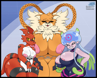 amber_eyes anthro areola big_breasts big_butt black_body black_border black_eyes black_sclera border bottom_heavy breasts butt clothed clothing eyes_closed fangs female fur genitals group head_wings huge_breasts huge_butt humanoid_pointy_ears looking_at_viewer mane markings multicolored_body multicolored_fur neck_tuft nipples nude open_mouth orange_body orange_fur pink_body pink_nipples pink_skin pointy_ears pseudo_hair red_body shortstack simple_background skinsuit smile smiling_at_viewer tan_body tan_fur teeth tentacle_hair tentacles thick_thighs tight_clothing tongue tongue_out trio tuft unusual_wing_placement vulva white_body wide_hips wings blazkenzxy bandai_namco digimon animal_humanoid aquatic aquatic_humanoid cnidarian cnidarian_humanoid digimon_(species) domestic_cat felid feline felis guilmon humanoid jellyfish jellyfish_humanoid jellymon maine_coon mammal medusozoan medusozoan_humanoid meicrackmon meicrackmon_normal_mode scalie 2025 absurd_res digital_drawing_(artwork) digital_media_(artwork) hi_res signature