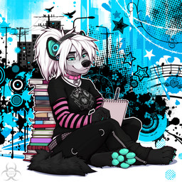 anthro belt black_bottomwear black_clothing black_pants book bottomwear clothing collar electronics female fur hair headphones notebook pants pawpads paws pencil_(object) pink_collar shirt solo t-shirt tail topwear white_body white_fur white_hair tashalisets tasha_lisets canid canine hyena mammal 1:1 hi_res
