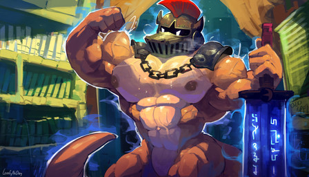 4_fingers anthro armor barazoku biceps big_muscles blue_aura blue_sword brown_body countershade_torso countershading detailed_background featureless_crotch fingers flexing flexing_bicep headgear headgear_only helmet helmet_only holding_melee_weapon holding_object holding_sword holding_weapon library male melee_weapon metal_chain metal_helmet motion_lines muscular muscular_male nipples nude obscured_face pecs shoulder_guards solo sword tail text vein veiny_muscles weapon goofyahdragons lizard reptile scalie 2025 artist_name half-length_portrait hi_res portrait