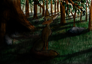 ambiguous_gender dark detailed_background feral forest front_view fur grass nature outside plant quadruped shadow sitting solo tree acru_jovian canid canine fox mammal full-length_portrait high_contrast painting_(artwork) portrait traditional_media_(artwork) traditional_painting_(artwork) traditional_watercolor_(artwork) watercolor_(artwork)