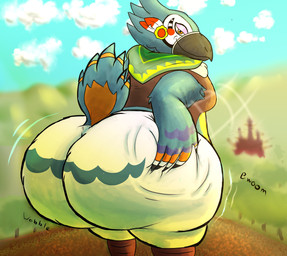anthro beak big_butt black_body black_feathers blue_body blue_feathers bottomless butt butt_focus clothed clothing feathers hand_on_butt huge_butt looking_at_viewer looking_back looking_back_at_viewer male multicolored_body multicolored_feathers raised_tail rear_view smile solo tail tail_feathers white_body white_feathers yellow_body yellow_feathers charr24 breath_of_the_wild nintendo the_legend_of_zelda kass_(tloz) avian rito hi_res