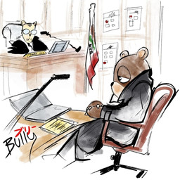 ambiguous_gender anthro black_clothing black_suit brown_body california_flag chair clasped_hands claws clothed clothing courtroom courtroom_sketch duo electronics eyewear finger_claws fully_clothed furniture glasses hand_on_hand inside judge looking_at_another male microphone opaque_glasses paperwork resting_hands sitting snaggle_tooth suit table tan_body trial wearing_glasses createxenons kanye_west dropout_bear bear domestic_cat felid feline felis mammal 1:1 colored_sketch english_description sketch