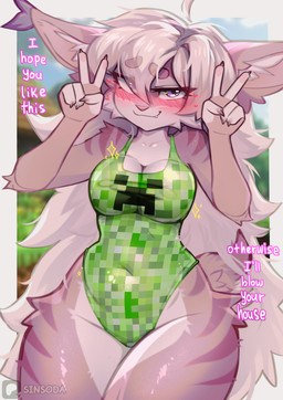 anthro bedroom_eyes big_breasts blush blush_lines breasts clothed clothing creeper_face cute_fangs fangs female fluffy fluffy_body fluffy_tail fur gesture hair hand_gesture heart_symbol long_hair looking_at_viewer narrowed_eyes one-piece_swimsuit purple_eyes seductive short_tail solo sparkles swimwear tail tan_body teeth text v_sign sinsoda microsoft minecraft mojang xbox_game_studios mayrin_(character) felid feline lynx mammal 2025 english_text hi_res portrait three-quarter_portrait