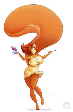big_breasts big_tail breasts cleavage clothed clothing cutlery dessert dress feet female fluffy fluffy_tail food fork freckles hair hindpaw kitchen_utensils lips long_hair orange_body orange_skin pastry paws pie plate red_hair simple_background solo standing tail tools white_background white_body white_skin zaftigbunnypress penny_flynn mammal rodent sciurid tree_squirrel 2013 hi_res