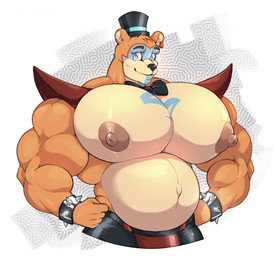 belly biceps big_belly big_muscles big_pecs bow_tie clothing countershade_face countershade_torso countershading ear_piercing ear_ring eyebrows hat headgear headwear huge_muscles huge_pecs male musclegut muscular muscular_male navel nipples outie_navel pecs piercing ring_piercing simple_background solo top_hat triceps lunionjpeg five_nights_at_freddy's five_nights_at_freddy's:_security_breach scottgames steel_wool_studios glamrock_freddy bear mammal