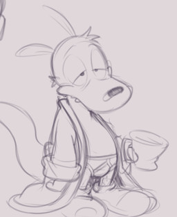 anthro bathrobe bulge clothed clothing container cup footwear half-closed_eyes male mug narrowed_eyes open_clothing open_robe robe shoes simple_background slightly_chubby solo tired underwear dandi nickelodeon rocko's_modern_life rocko_rama macropod mammal marsupial wallaby monochrome sketch