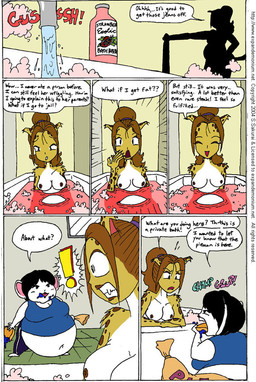 after_vore anthro bath belly big_belly black_hair blue_clothing blue_shirt blue_topwear breasts clothing duo female fur hair inside nude nude_female overweight shirt speech_bubble text topwear vore white_body white_fur yellow_body yellow_fur s.sakurai felid leopard mammal mouse murid murine pantherine rodent 2004 comic english_text