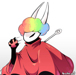 2_horns 5_fingers biped black_body black_eyes cloak clothing clown_nose female fingers holding_object horn melee_weapon red_cloak red_clothing solo text weapon weapon_on_back white_text brushieart hollow_knight_(franchise) team_cherry hornet_(hollow_knight) arthropod 2025 english_text hi_res