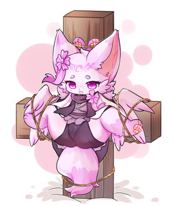 accessory asian_clothing bdsm bondage bound butt clothing cross crucifixion east_asian_clothing female fluffy fluffy_tail fur hair_accessory inverted_cross japanese_clothing pink_body pink_fur presenting presenting_hindquarters purple_eyes restraints rope rope_bondage simple_background solo spread_legs spreading tail text leaflamb leaflamb_(character) canid canine fox mammal comic hi_res
