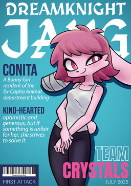 5_fingers anthro arms_bent bandage bandaged_ear bangs black_bottomwear black_clothing black_nose black_pants blue_background bottomwear breasts cheek_tuft closed_smile clothed clothed_anthro clothed_female clothing eyelashes facial_tuft female female_anthro fingers fully_clothed fully_clothed_anthro fully_clothed_female fur hair light long_ears medium_hair mouth_closed pants pink_body pink_fur pink_hair pink_tail pupils red_eyes scut_tail shirt short_tail simple_background slim_anthro slim_female small_breasts smile solo standing tail tank_top text topwear tuft white_clothing white_pupils white_shirt white_tank_top white_topwear dreamknightjang art_fight conita_(salva17121) lagomorph leporid mammal rabbit 2025 absurd_res artist_name colored cover digital_drawing_(artwork) digital_media_(artwork) english_text hi_res lighting magazine_cover portrait shaded spanish_description three-quarter_portrait