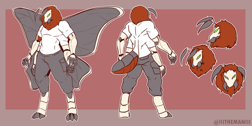 3_toes antennae_(anatomy) barefoot bottomwear clothed clothing feet fur green_eyes grey_body male mandibles multi_arm multi_limb orange_body orange_fur pants shirt solo standing toes topwear white_body wings the_man arthropod insect lepidopteran moth 2:1 absurd_res hi_res model_sheet