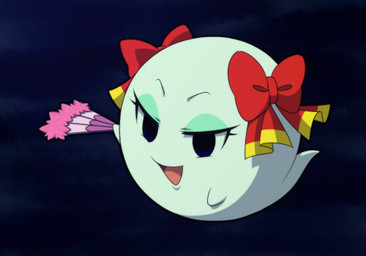 accessory black_eyes bow_(feature) bow_accessory bow_ribbon female floating green_body green_skin hair_accessory hair_bow hair_ribbon hand_fan holding_object mostly_nude not_furry open_mouth open_smile ribbons smile solo la-di-da mario_bros nintendo paper_mario lady_bow boo_(mario) ghost spirit undead cel_shading low_res shaded