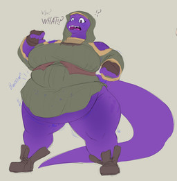 anthro belly belly_expansion belly_overhang big_tail clothing confusion expansion female interrobang obese obese_anthro obese_female overweight overweight_anthro overweight_female shocked solo surprised tail tight_clothing blazinlink lizard reptile scalie hi_res