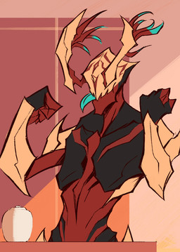 alternate_color black_body black_skin blep blue_tongue eyeless faceless head_tendrils jug male raised_hands red_body red_skin simple_background solo tongue tongue_out yellow_body yellow_skin chickendrawsdogs digital_extremes tencent warframe nidus_(warframe) humanoid infested_(warframe) mawframe monster warframe_(species) flat_colors