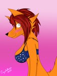 anthro big_breasts black_nose blue_bra blue_clothing blue_underwear blush bottomless bra bra_only breasts clothed clothing ear_tuft female fur hair heart_print looking_at_viewer orange_body red_hair simple_background smile solo tail tuft underwear underwear_only coyotebass xanny_(coyotebass) canid canine canis coyote mammal 3:4 absurd_res digital_media_(artwork) hi_res