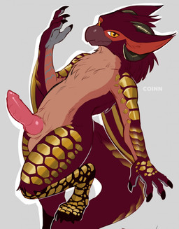 4_fingers 4_toes animal_genitalia animal_penis anthro balls beak biped black_horn bovid_horn caprine_horn chest_tuft claws countershade_torso countershading crotch_tuft dominant erection feet finger_claws fingers fluffy front_view genitals glistening glistening_body gold_scales horn knot knotted_penis looking_at_viewer male multicolored_body neck_tuft nude nude_anthro nude_male penis presenting ram_horn red_body red_tail scales simple_background smile solo tail toe_claws toes tuft two_tone_body yellow_eyes coinn8 capcom monster_hunter bessa flying_wyvern nargacuga 2025 digital_drawing_(artwork) digital_media_(artwork) hi_res signature