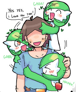 >w< ^_^ blush eyes_closed featureless_feet feet group heart_symbol hug humanoid_pointy_ears not_furry open_mouth open_smile pointy_ears simple_background smile white_background melfunnysmell nintendo pokemon gaba_(melfunnysmell) gardevoir generation_3_pokemon human humanoid mammal pokemon_(species)