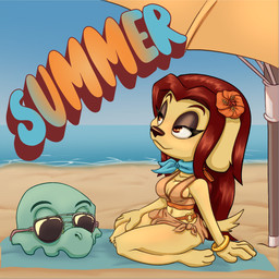 accessory anthro beach bikini clothing duo eyeshadow eyewear female flower flower_in_hair hair hair_accessory head_only magic_user makeup male necromancer parasol paws plant pose red_eyes red_hair sea summer sunglasses swimwear text two-piece_swimsuit water turkojar anima_(turkojar) valag_viladal bird_dog canid canine canis domestic_dog eublepharid gecko hunting_dog labrador leopard_gecko lizard mammal reptile retriever scalie undead zombie 1:1 hi_res pinup