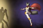 anthro cape clothing eyes_closed female fur grey_body grey_fur smile solo space spacesuit superhero feretta space_vixen tale_of_tails webtoon vixavil_hayden canid canine fox mammal red_fox silver_fox true_fox digital_media_(artwork) hi_res shaded