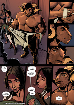 5_fingers accessory anthro arm_scar big_muscles black_hair bottomwear brown_body brown_bottomwear brown_clothing brown_eyes brown_pants chest_scar clothed clothing clothing_lift curly_hair detailed_background dialogue duo eyebrows eyes_closed facial_scar fantasy femboy fingers flirting flirting_look green_clothing green_shirt green_topwear hair headband horn inside jewelry male mouth_closed muscular muscular_anthro muscular_arms muscular_male necklace pants red_headband scar shirt shirt_lift smile solo speech_bubble taking_off_shirt text thick_eyebrows topless topless_anthro topless_male topwear torn_clothing wrapped_arms purplebirdman roshim_(purplebirdman) bovid caprine goat human mammal sheep 2023 better_version_at_paywall colored comic detailed english_text shaded url