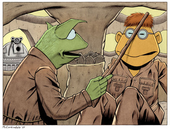 5_fingers age_difference anthro border cane clothing duo eyes_closed eyewear fingers glasses hair jacket machine male male_non-humanoid_machine non-humanoid_machine noseless older_male parody pilot_uniform text topwear white_border bruce_mccorkindale muppets pbs sesame_street star_wars the_empire_strikes_back the_muppet_show kermit_the_frog luke_skywalker m.a.m.m.a. r2-d2 scooter_(muppets) yoda alien amphibian astromech_droid frog humanoid muppet r-series_astromech_droid r2-series_astromech_droid robot 2021 artist_name crossover hi_res mixed_media signature