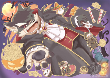 anthro candy chibi clothing costume cravat dessert food fur grey_body grey_fur halloween_costume holidays jack-o'-lantern male pawpads vampire_costume ren_izayoi halloween lifewonders tokyo_afterschool_summoners moritaka_(tas) shino_(tas) tadatomo_(tas) canid canine canis domestic_dog mammal