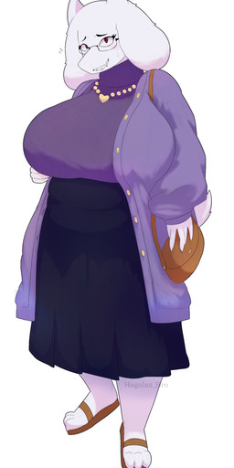2_horns 3_toes 5_fingers anthro big_breasts biped black_bottomwear black_clothing black_eyebrows black_eyewear black_glasses black_skirt blush blush_lines bodily_fluids bottomwear breasts brown_clothing brown_footwear brown_sandals brown_shoes button_(fastener) claws clothed clothed_anthro clothed_female clothing coat curved_eyebrows ear_tuft eyebrows eyelashes eyewear fangs feet female fingers floppy_ears flying_sweatdrops footwear fully_clothed fully_clothed_anthro fully_clothed_female fur fur_tuft gem glasses glistening glistening_eyes glistening_jewelry glistening_necklace heart_necklace heart_symbol horn huge_breasts humanoid_hands iris jewelry light_body light_fur long_eyelashes long_skirt looking_at_viewer lop_ears mature_anthro mature_female monotone_background necklace no_pupils open_clothing open_coat open_topwear pattern_clothing pattern_sweater pattern_topwear pearl_(gem) pearl_necklace pink_blush plantigrade purple_clothing purple_coat purple_eyes purple_sweater purple_topwear purse sandals shoes short_horn shy simple_background skirt small_horn smile smiling_at_viewer snout solo standing striped_clothing striped_sweater striped_topwear stripes sweat sweatdrop sweater teeth text three-quarter_view tight_clothing tight_sweater tight_topwear toe_claws toes topwear tuft turtleneck wearing_glasses white_background white_body white_claws white_ears white_fur white_horn white_sclera yellow_jewelry yellow_necklace hagalaz_bro undertale undertale_(series) toriel boss_monster_(undertale) bovid caprine goat mammal 2026 absurd_res artist_name digital_drawing_(artwork) digital_media_(artwork) full-length_portrait hi_res portrait