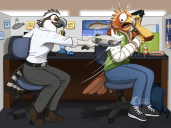 anthro bottomwear cast chair clothing collared_shirt cubicle denim denim_bottomwear denim_clothing dress_shirt duo female footwear furniture hitting_another jeans leather_shoes male office office_chair office_clothing pants prank rolled_up_sleeves shirt shoes sleeveless_hoodie sneakers topwear toy fish_birb liz_(fish_birb) pavlos_andriades accipitrid accipitriform aquatic avian bird eagle fish golden_eagle osprey rainbow_trout salmonid_(fish) trout true_eagle hi_res