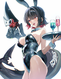 accessory bare_shoulders big_breasts black_bow_tie black_clothing black_hair black_leotard blush blush_lines bow_tie breasts bunny_costume candy cleavage clothed clothing container costume cuffs_(clothing) cup dessert drinking_glass fake_ears fake_rabbit_ears female fin fish_tail food glass glass_container glass_cup glistening glistening_clothing hair hair_accessory hairclip holding_tray leotard lollipop lollipop_in_mouth melee_weapon mole_under_eye mouth_hold navel_outline notched_fin open_mouth red_eyes red_hair shark_tail short_hair simple_background solo strapless_clothing strapless_leotard tail tail_tattoo tattoo weapon white_background umamipesto mihoyo zenless_zone_zero ellen_joe animal_humanoid fish fish_humanoid humanoid marine marine_humanoid shark_humanoid tailed_humanoid thiren absurd_res digital_drawing_(artwork) digital_media_(artwork) hi_res