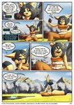 angry anthro black_hair blue_eyes breasts canid canine clothed clothing comic dialogue digital_media_(artwork) eating english_text female fenavi_montaro fennec_fox feretta fox fur grass hair hi_res lake magic mammal mountain outside plant profanity scenery shaded sky solo tale_of_tails text true_fox url yellow_body yellow_fur